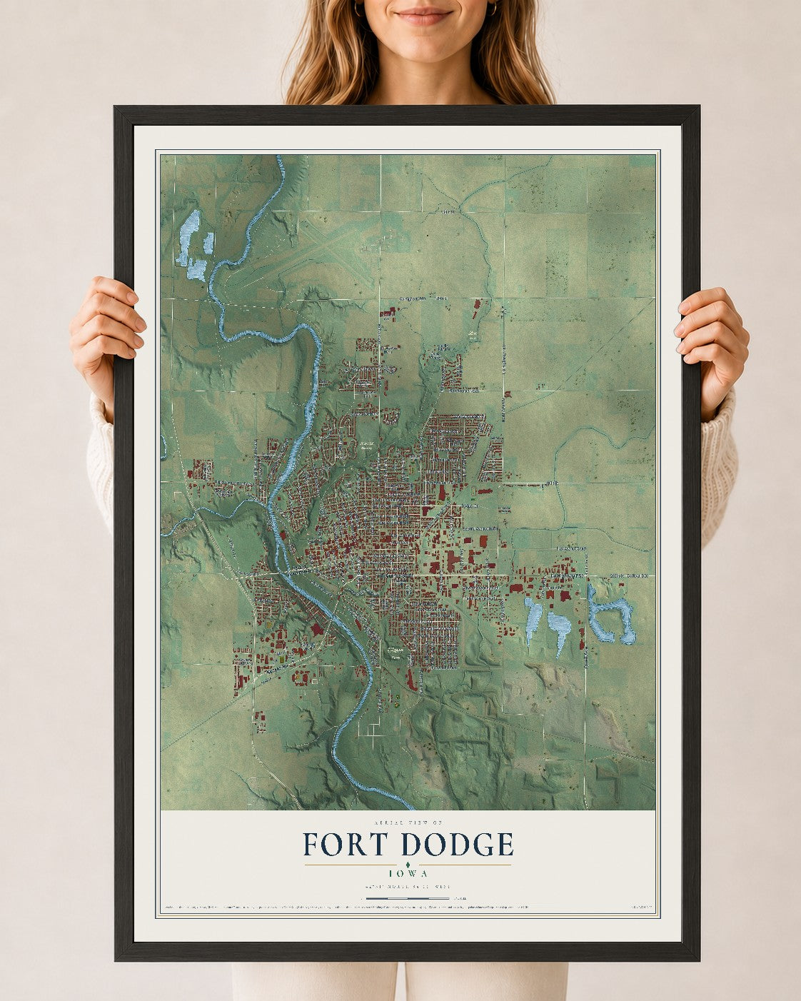 Map of Fort Dodge, Iowa, 24 x 36 inch print in a black wood frame