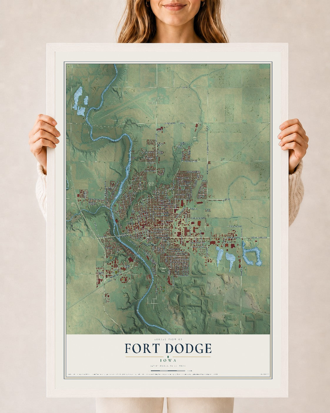 Map of Fort Dodge, Iowa, 24 x 36 inch print in a white wood frame