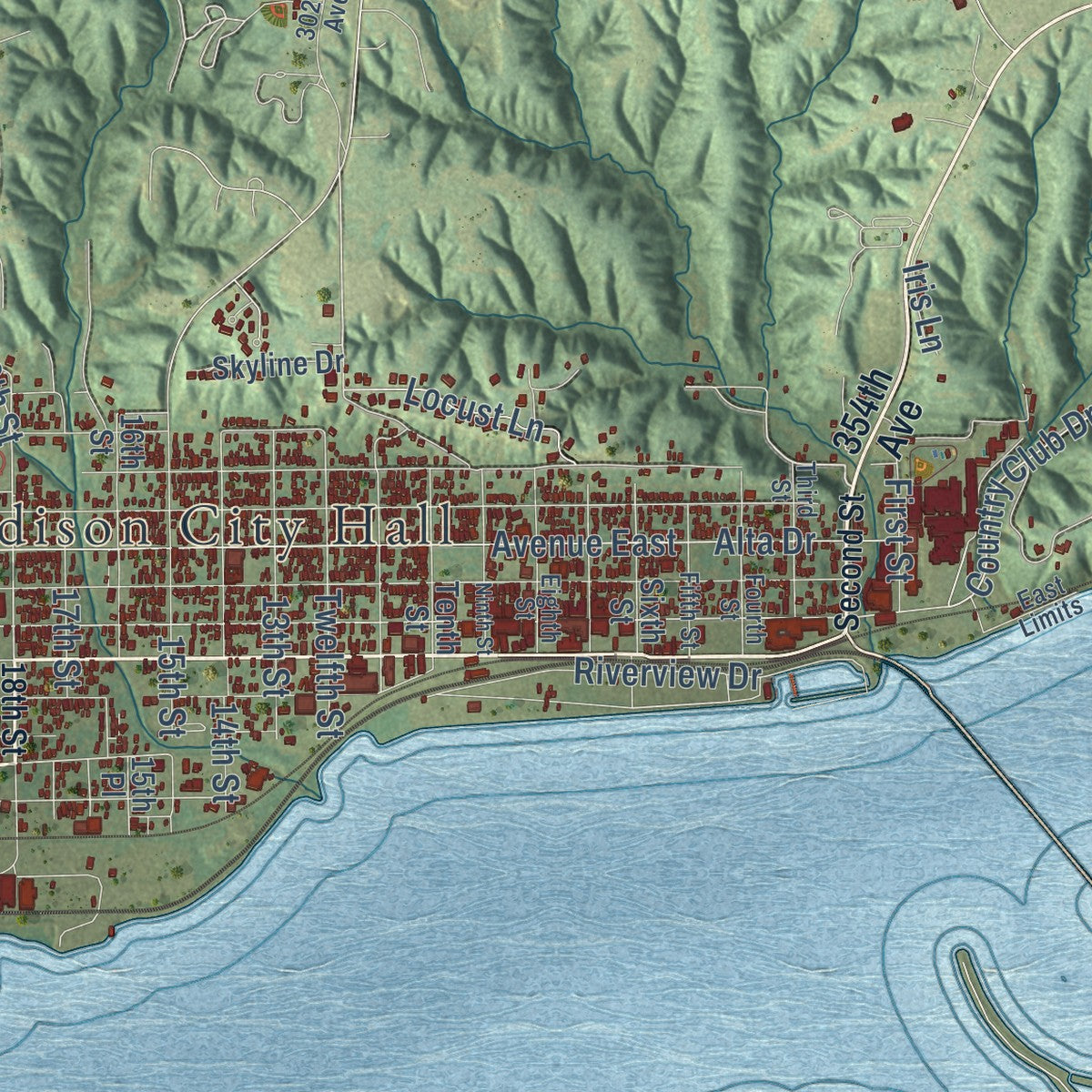 Close-up of the map of Fort Madison, Iowa print showing street and building detail