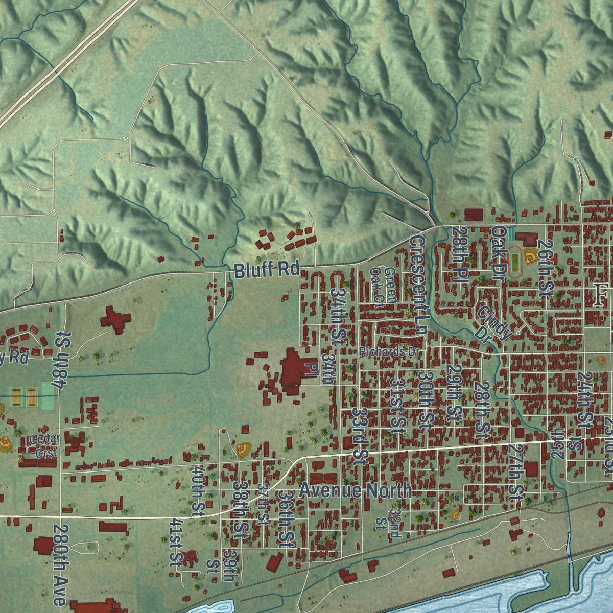 Second close-up of the map of Fort Madison, Iowa print showing more streets and buildings