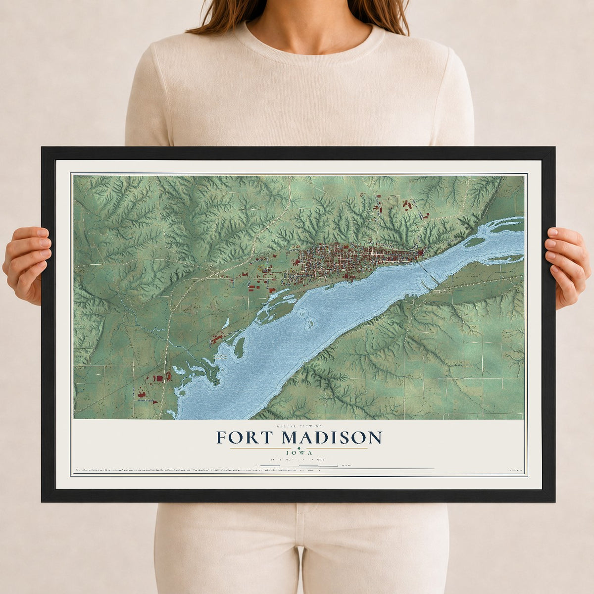Map of Fort Madison, Iowa, 12 x 18 inch print in a black wood frame