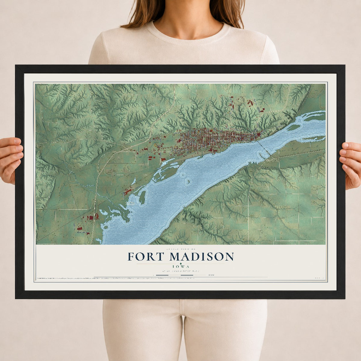Map of Fort Madison, Iowa, 18 x 24 inch print in a black wood frame