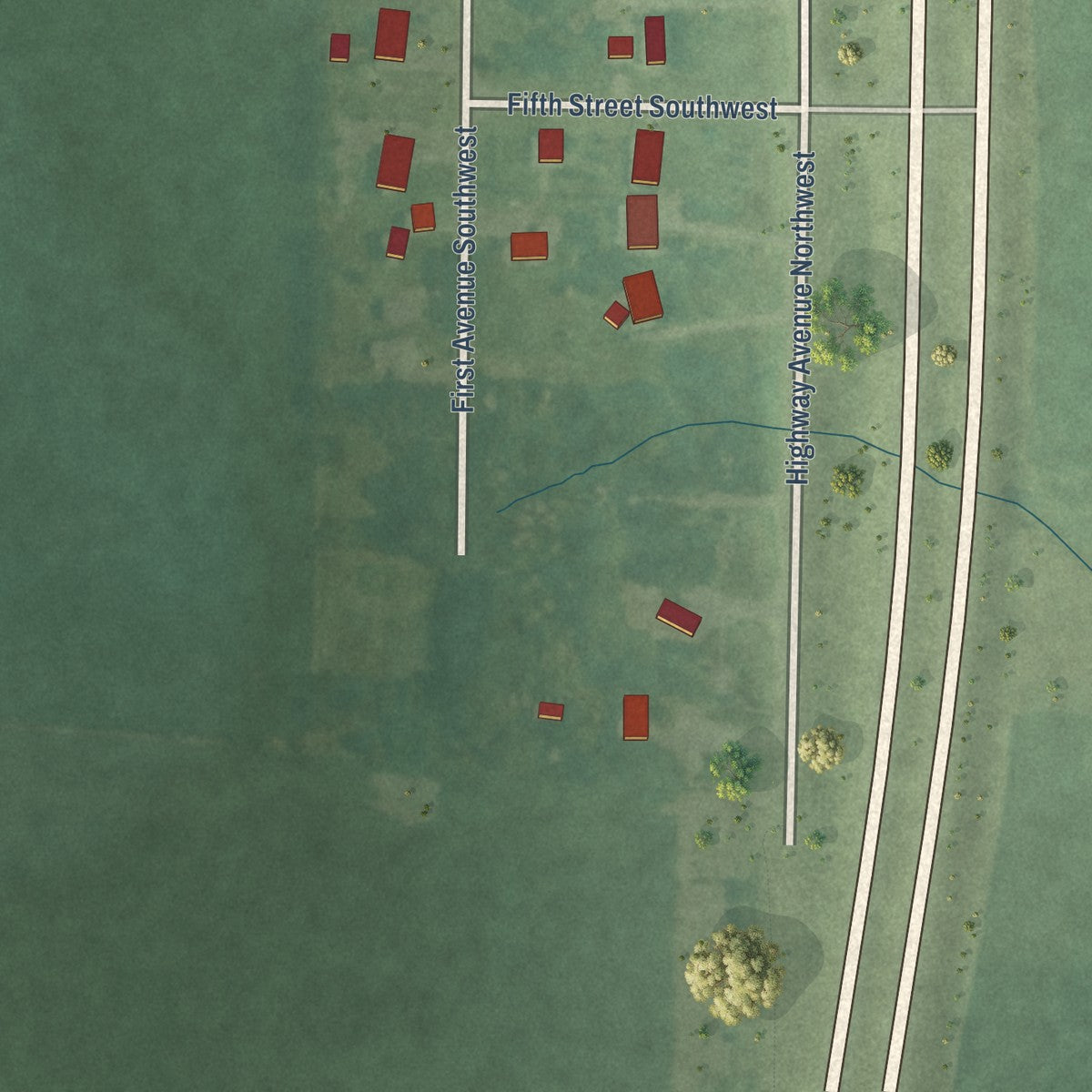 Second close-up of the map of Fostoria, Iowa print showing more streets and buildings
