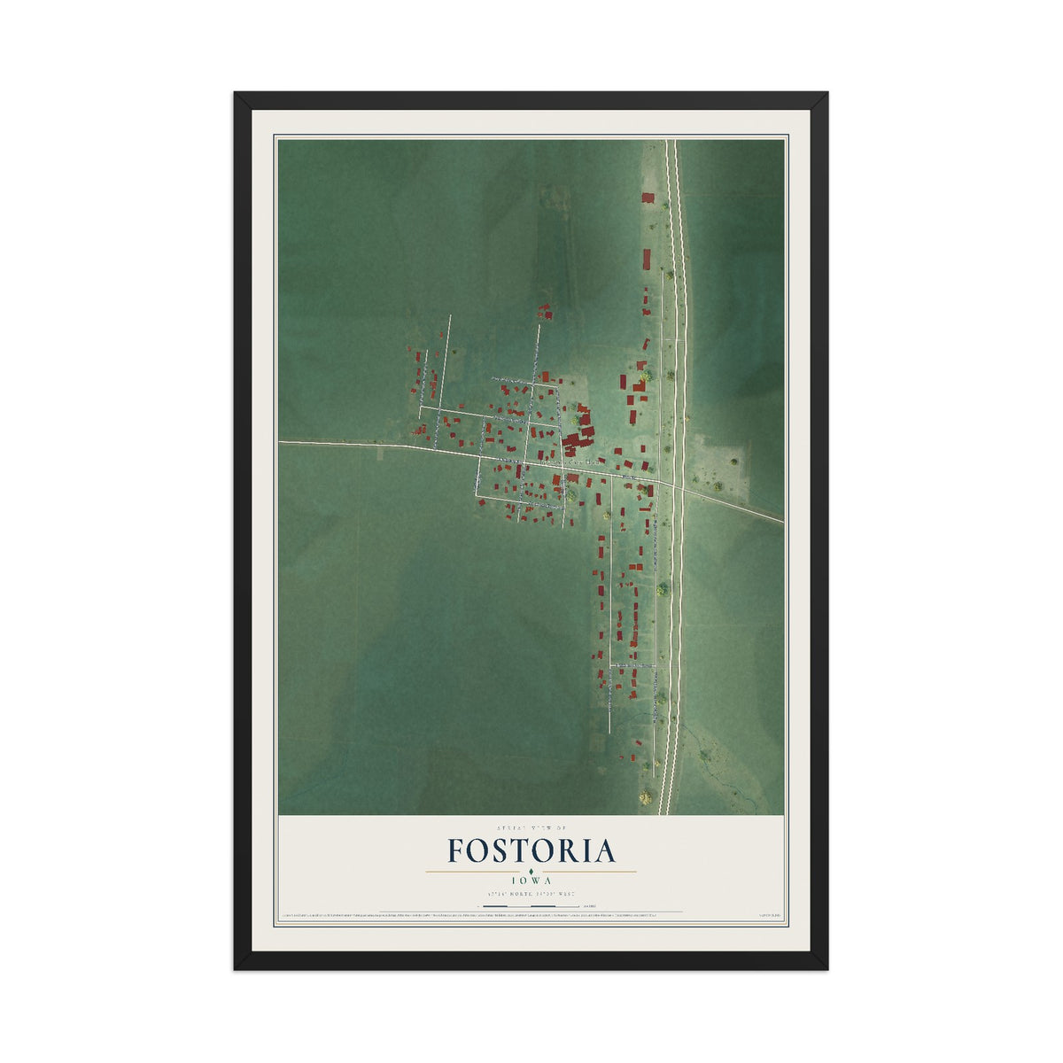 Map of Fostoria, Iowa, 12 x 18 inch print in a black wood frame