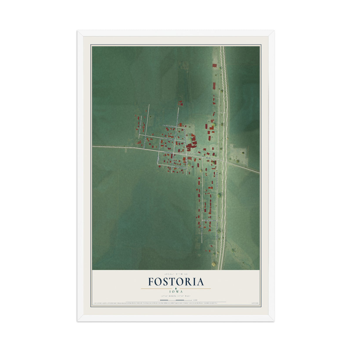Map of Fostoria, Iowa, 12 x 18 inch print in a white wood frame