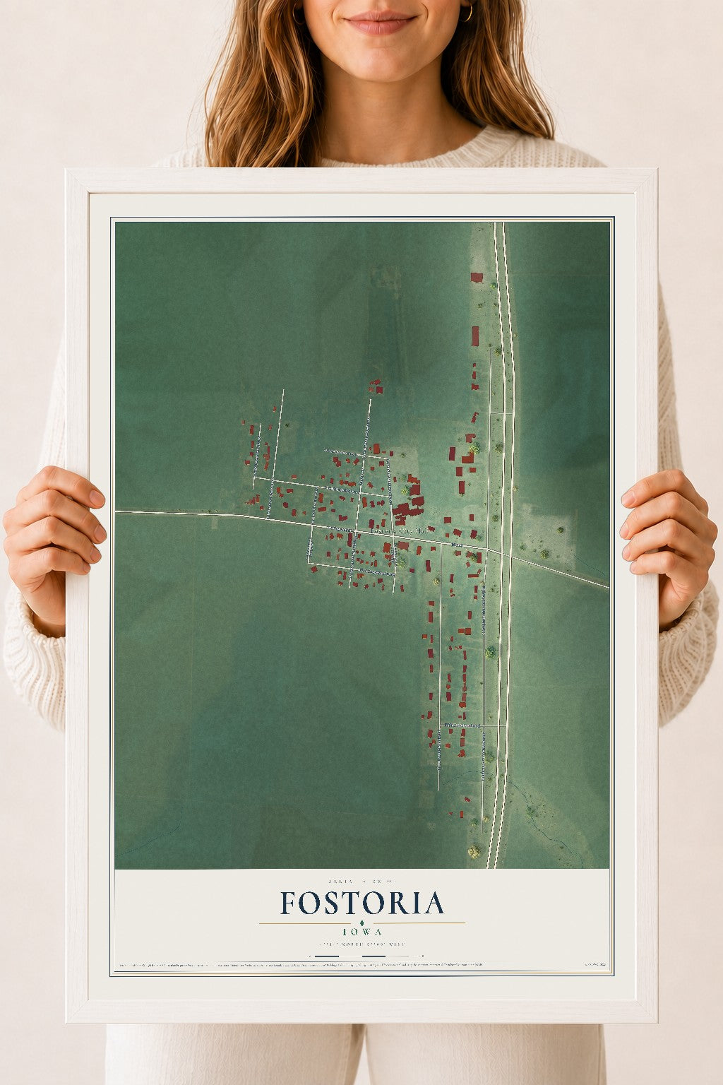 Map of Fostoria, Iowa, 18 x 24 inch print in a white wood frame