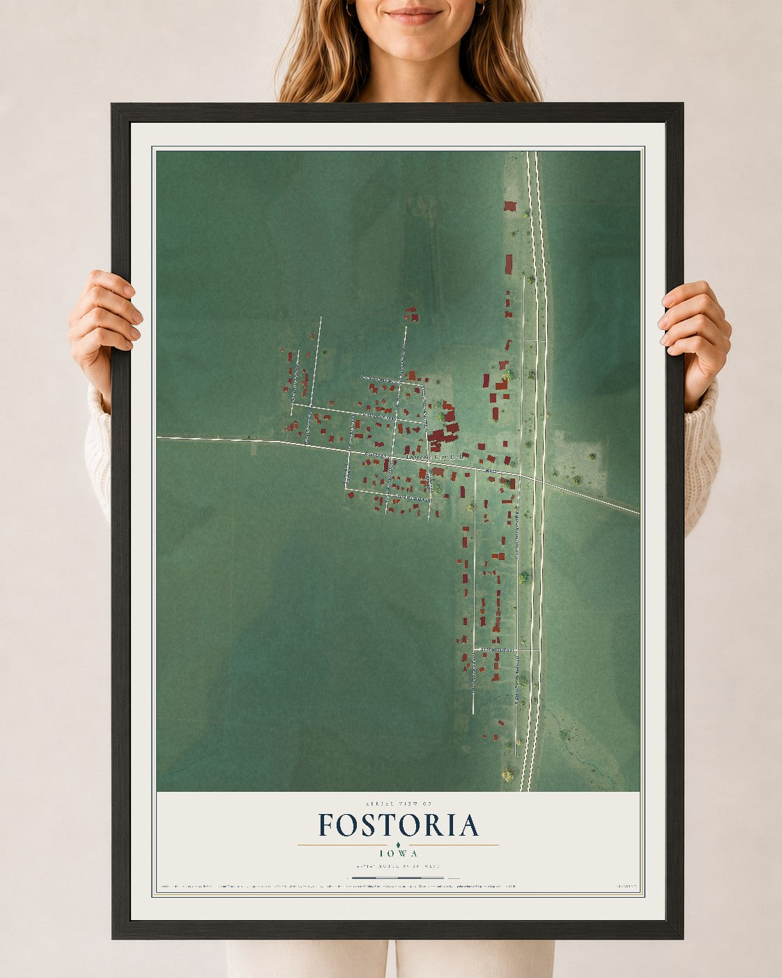 Map of Fostoria, Iowa, 24 x 36 inch print in a black wood frame