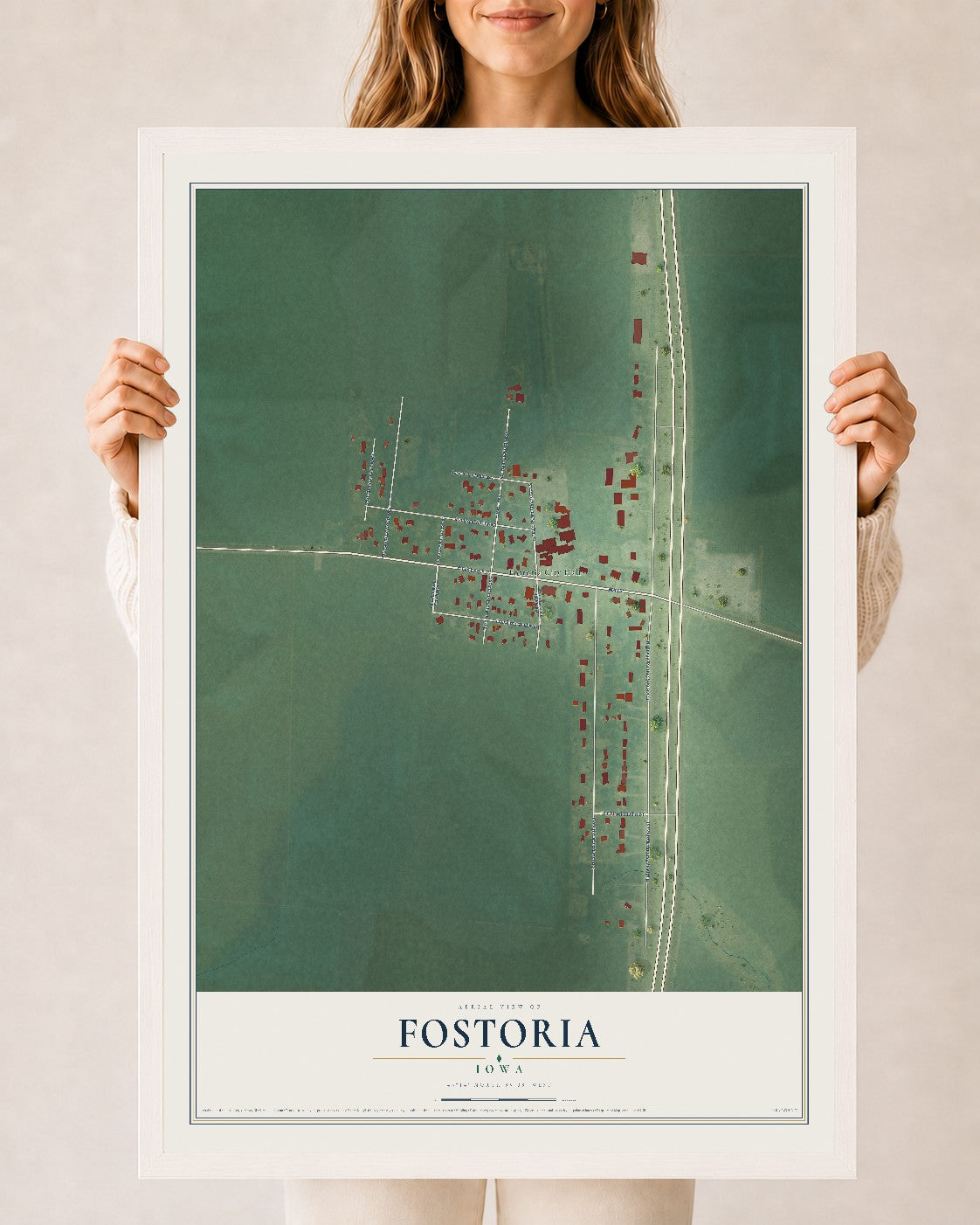 Map of Fostoria, Iowa, 24 x 36 inch print in a white wood frame