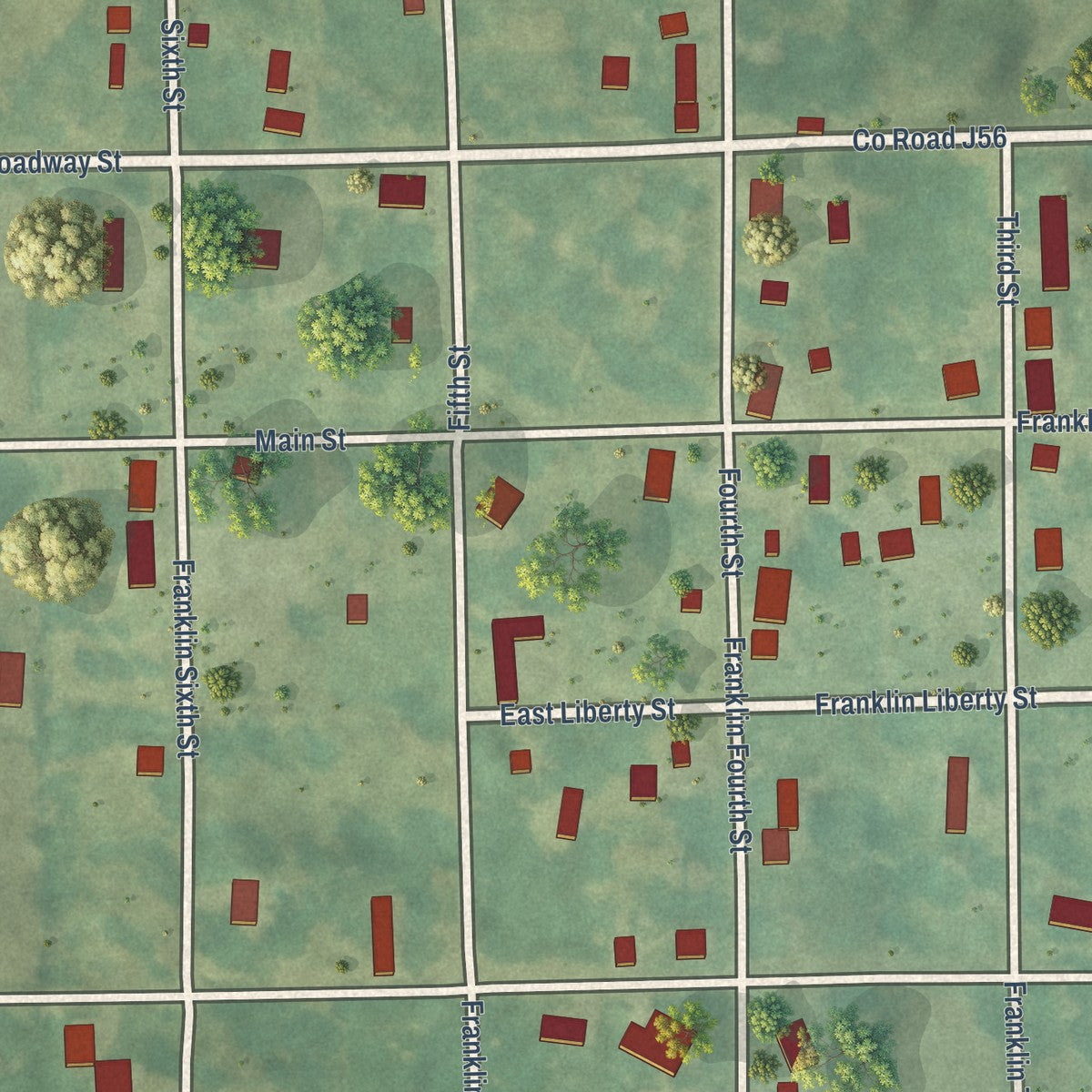Close-up of the map of Franklin, Iowa print showing street and building detail