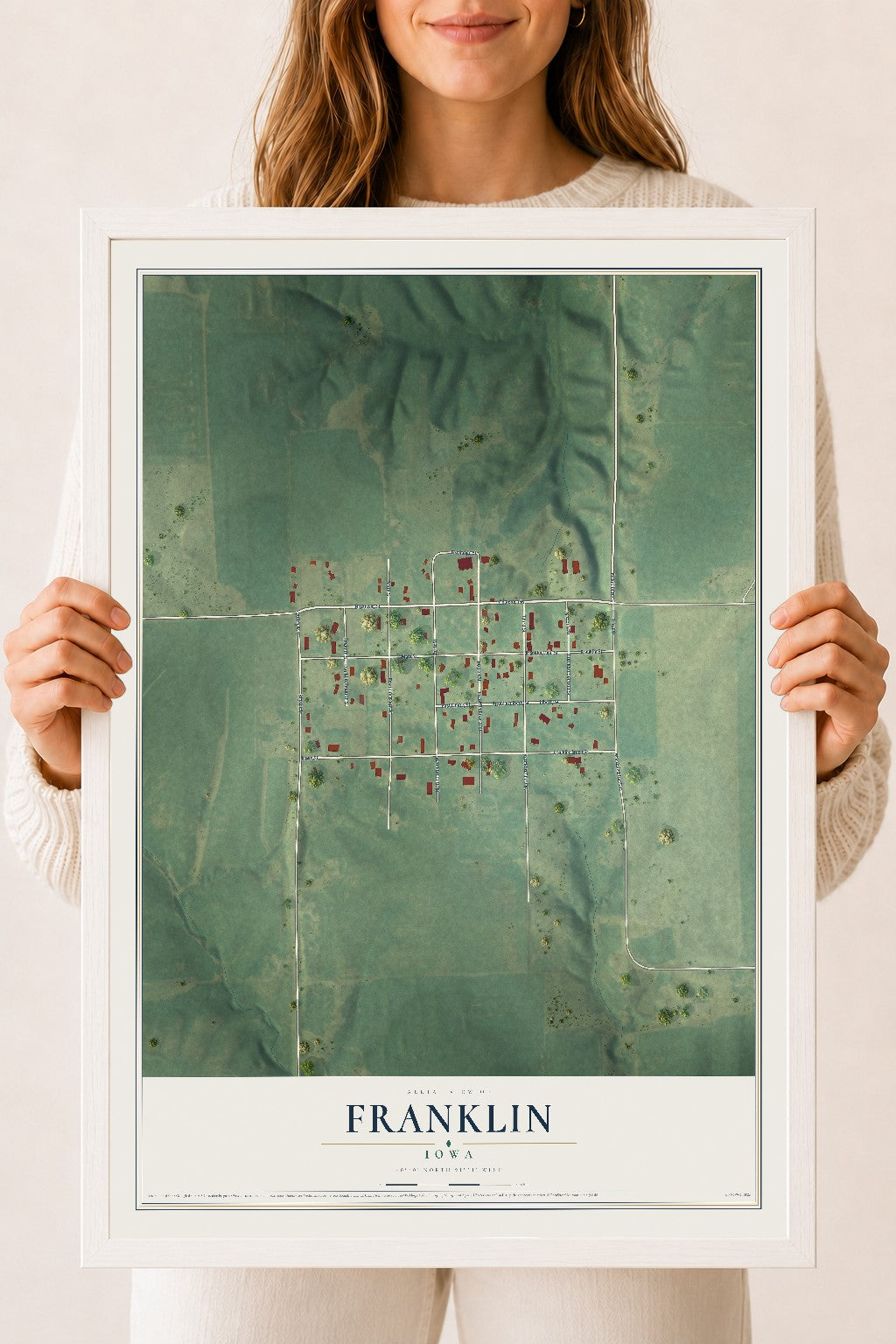Map of Franklin, Iowa, 18 x 24 inch print in a white wood frame