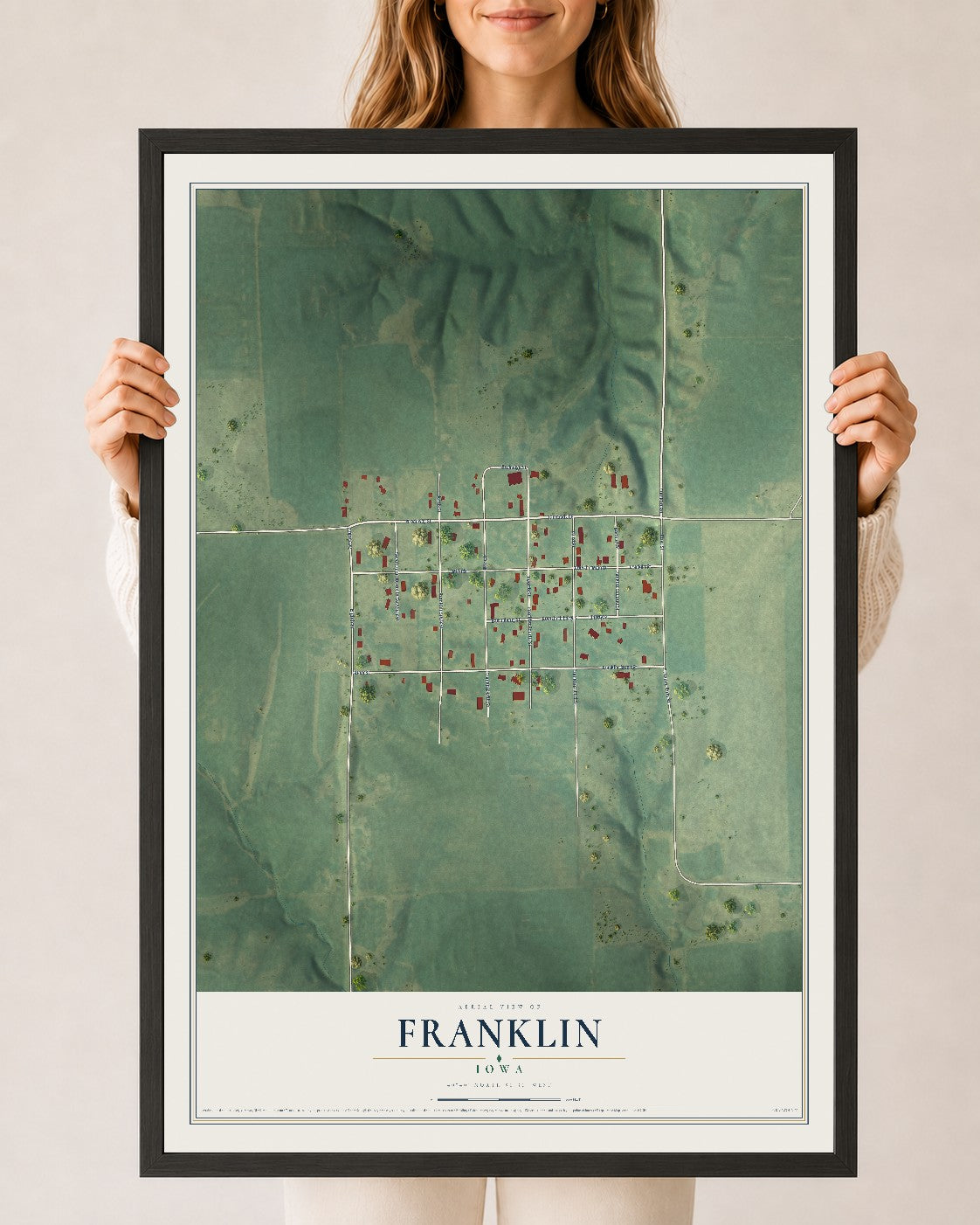 Map of Franklin, Iowa, 24 x 36 inch print in a black wood frame