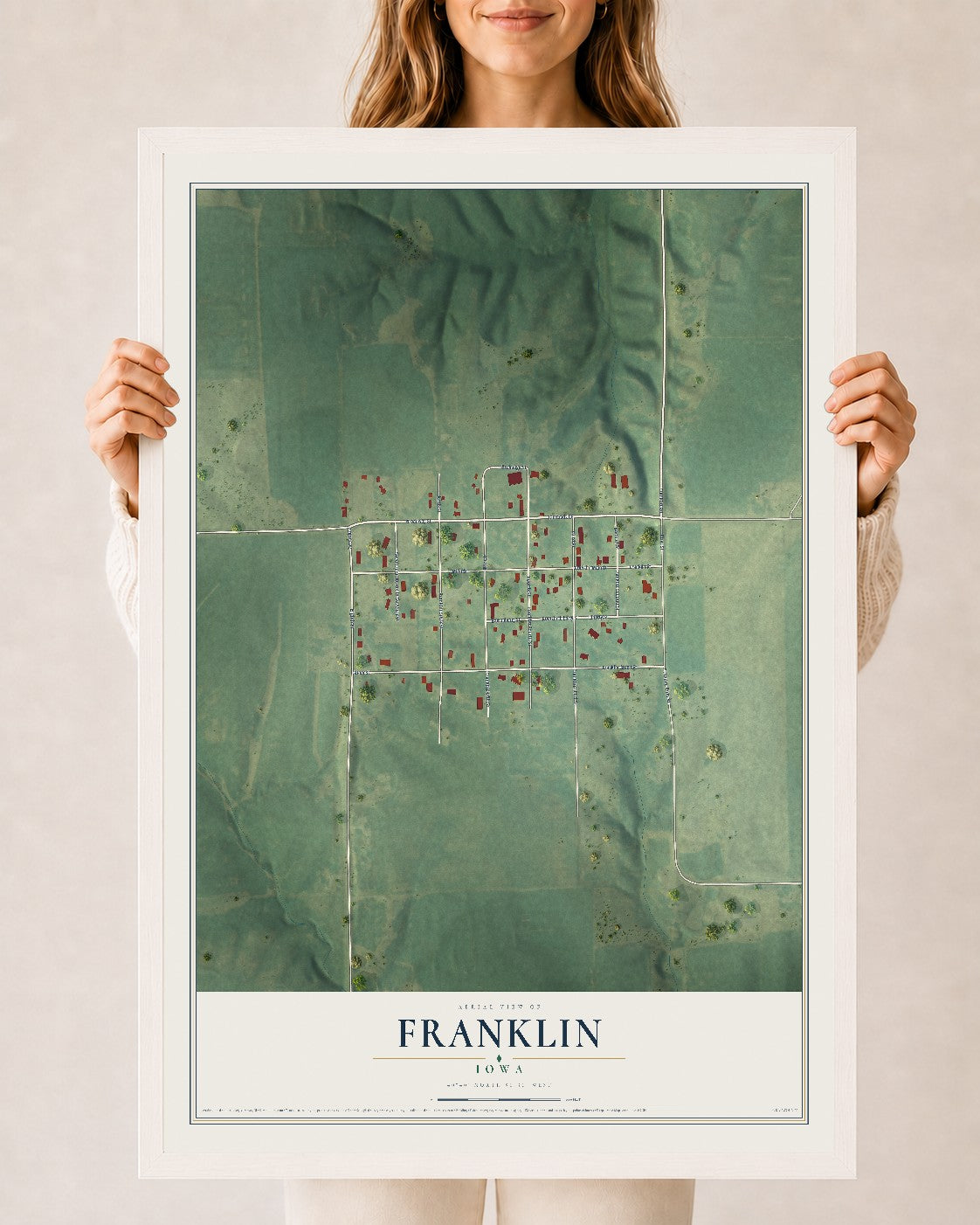 Map of Franklin, Iowa, 24 x 36 inch print in a white wood frame
