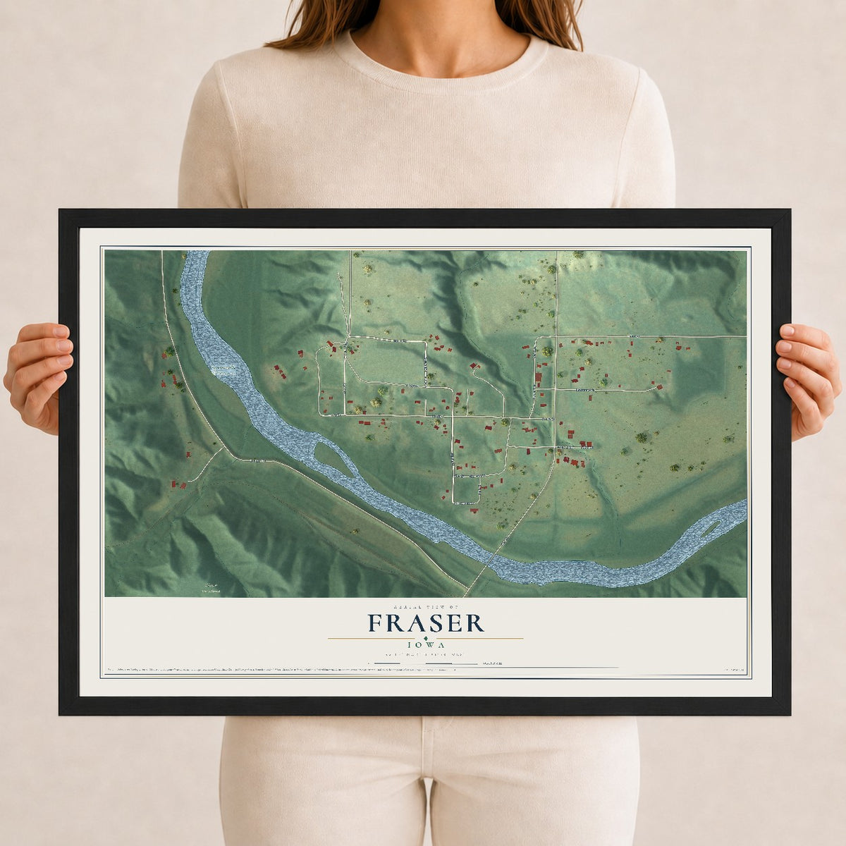 Map of Fraser, Iowa, 12 x 18 inch print in a black wood frame
