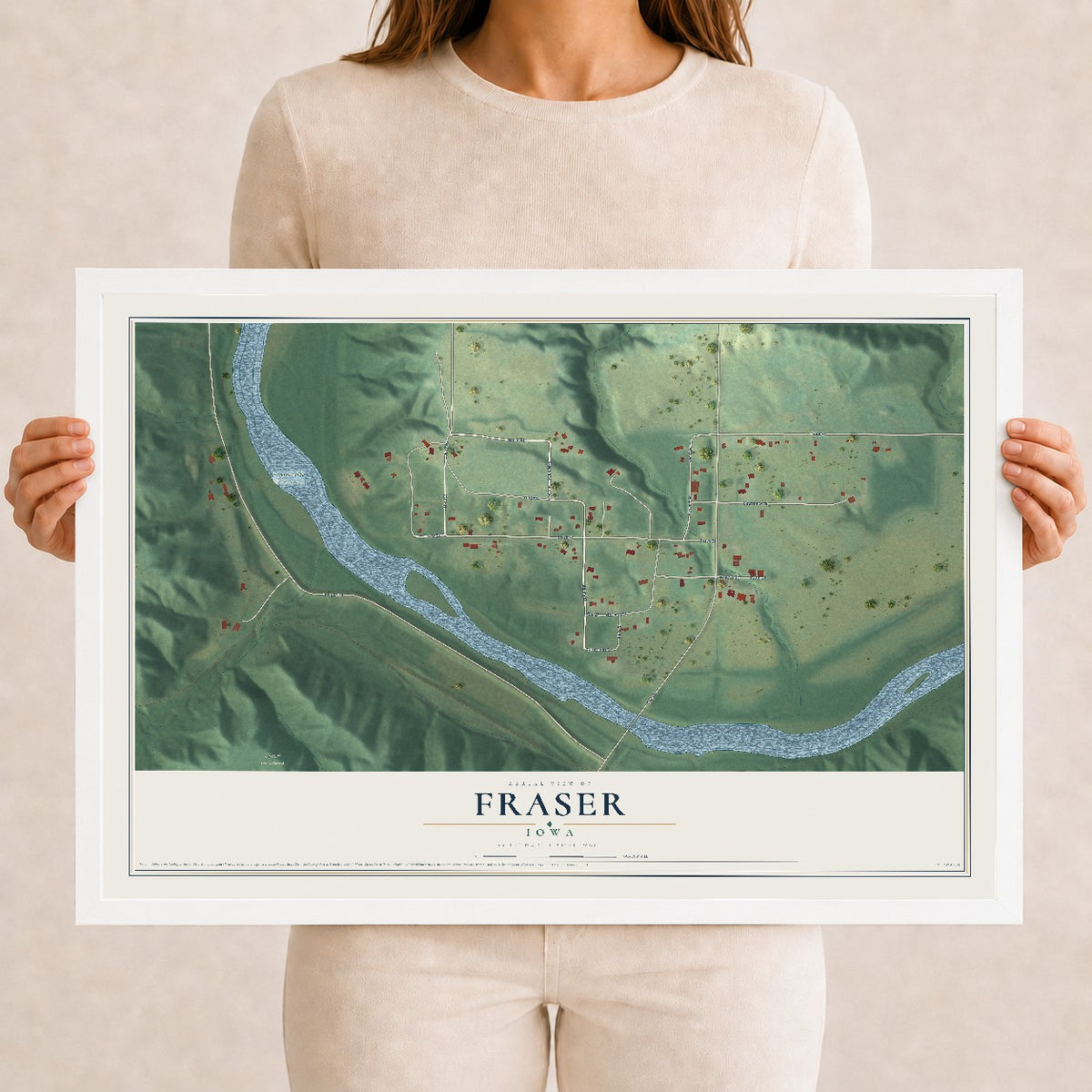 Map of Fraser, Iowa, 12 x 18 inch print in a white wood frame