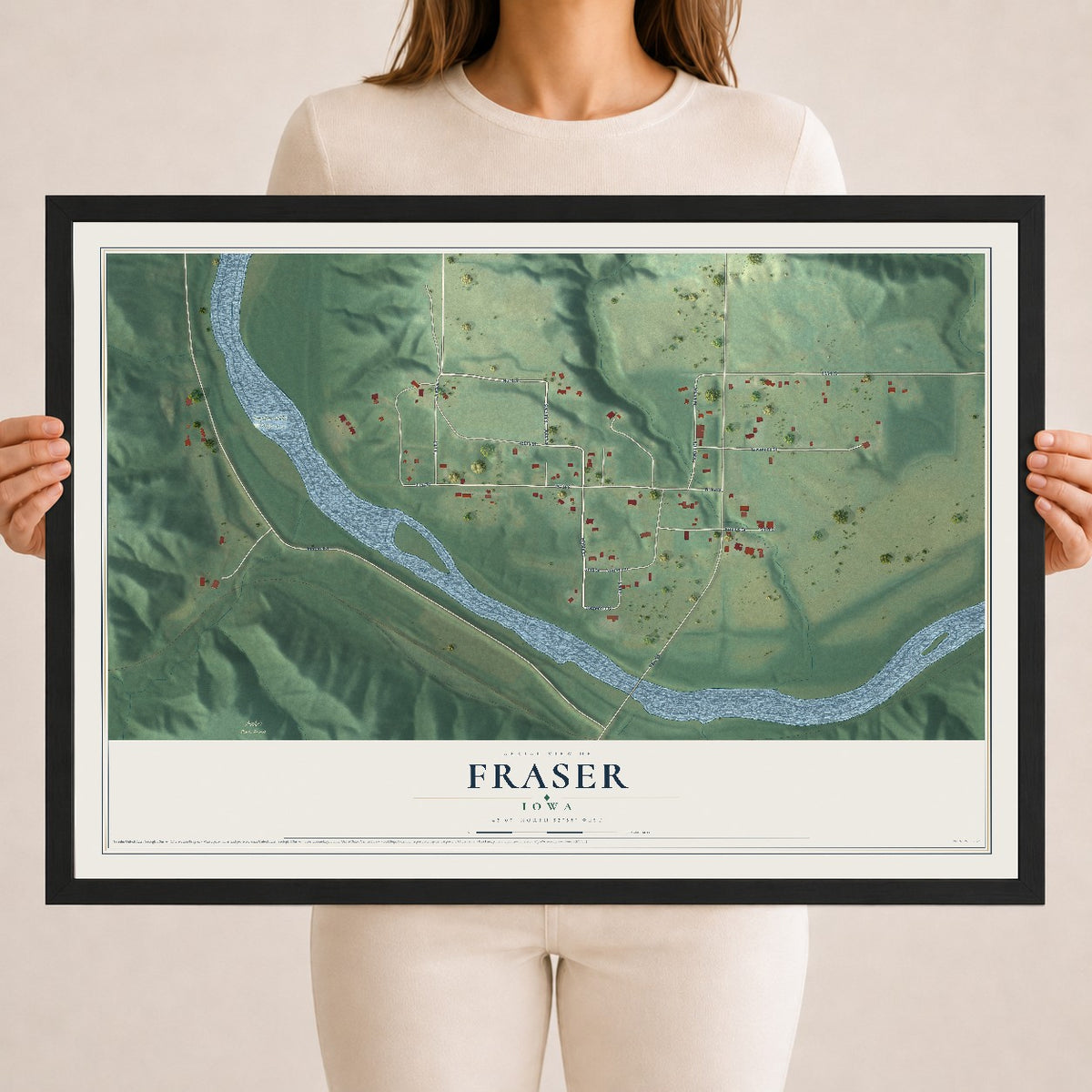 Map of Fraser, Iowa, 18 x 24 inch print in a black wood frame