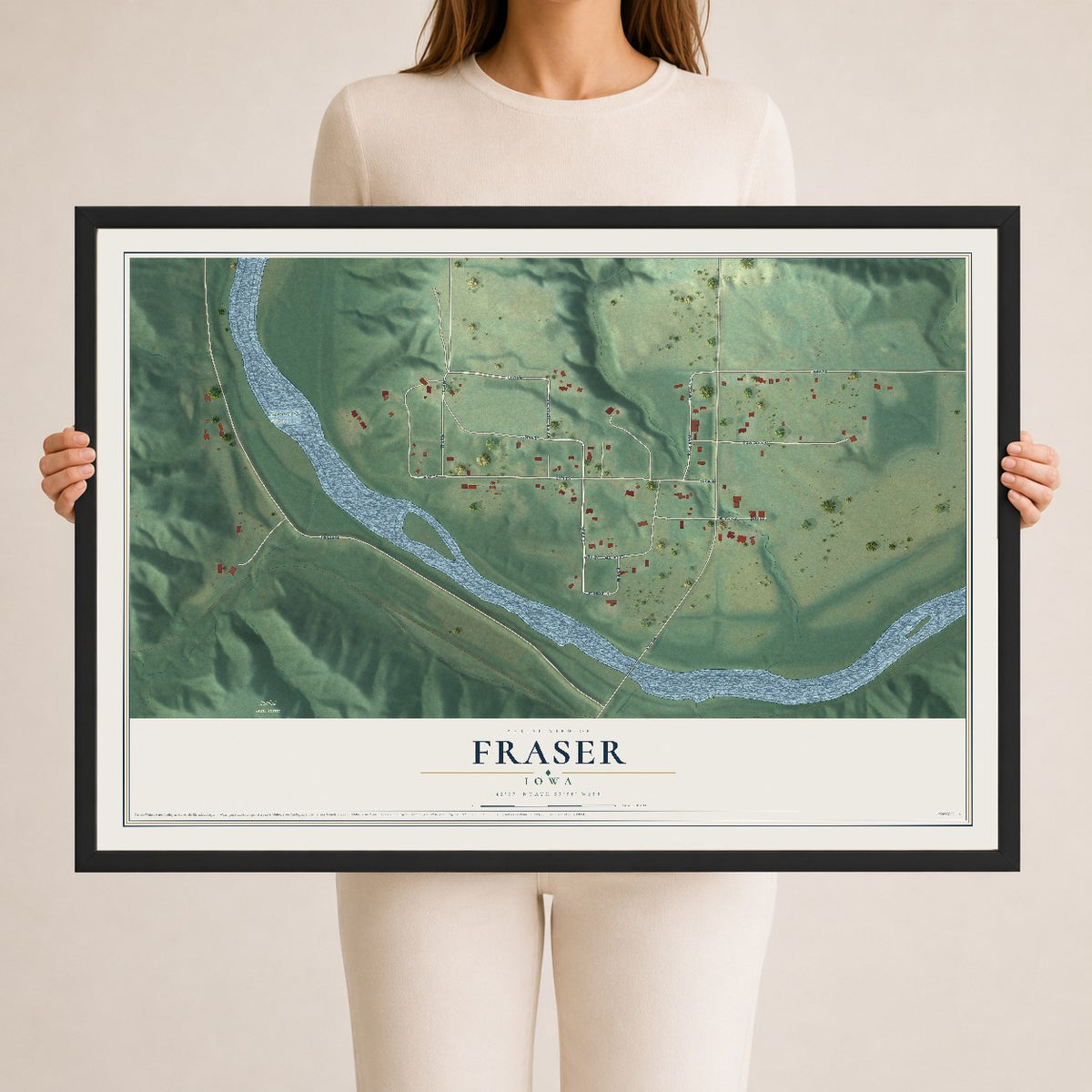 Map of Fraser, Iowa, 24 x 36 inch print in a black wood frame