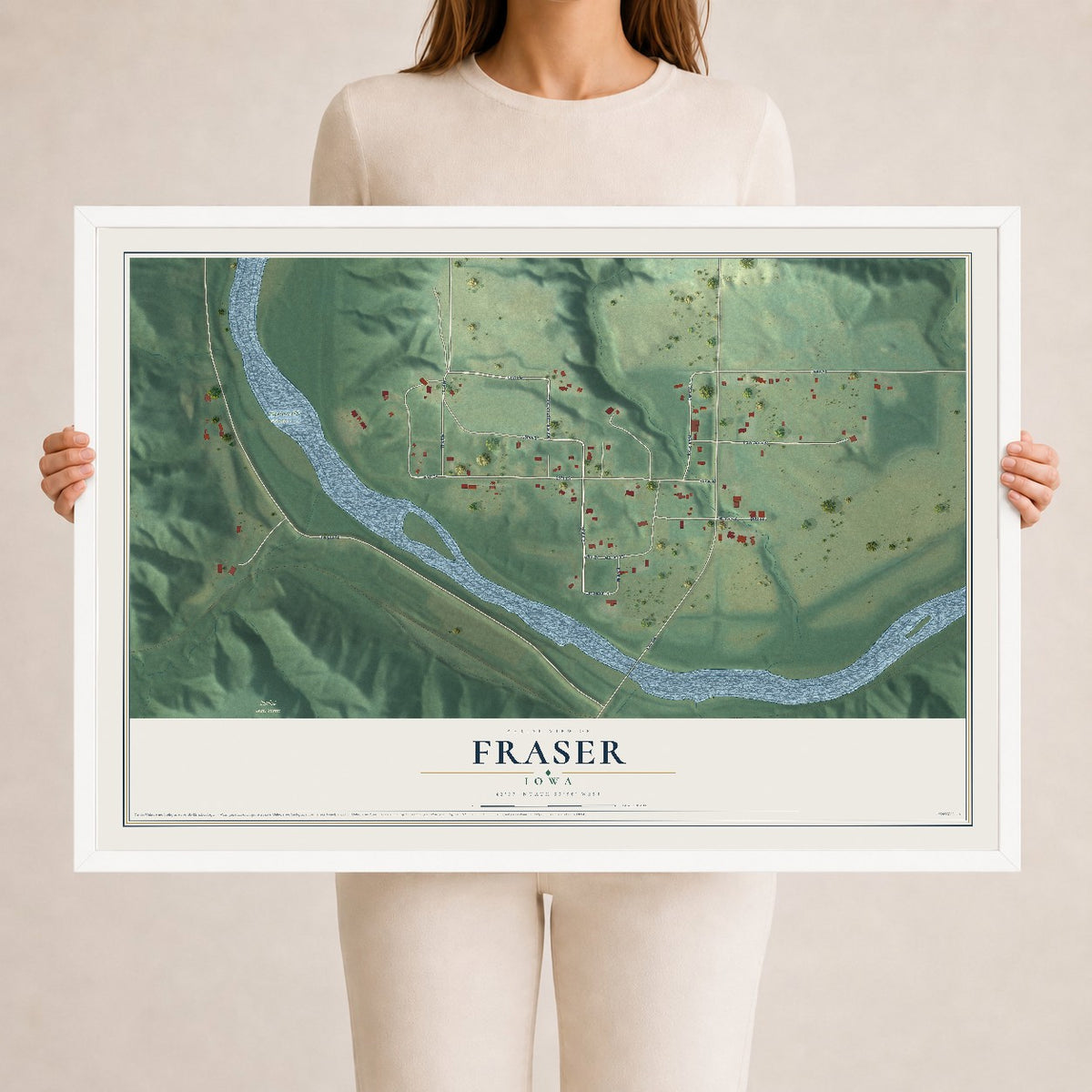 Map of Fraser, Iowa, 24 x 36 inch print in a white wood frame