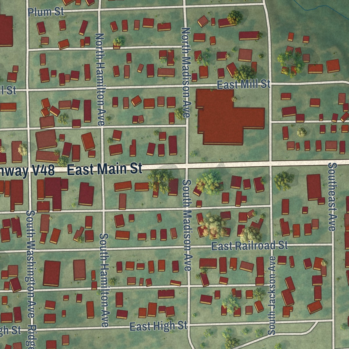 Close-up of the map of Fredericksburg, Iowa print showing street and building detail