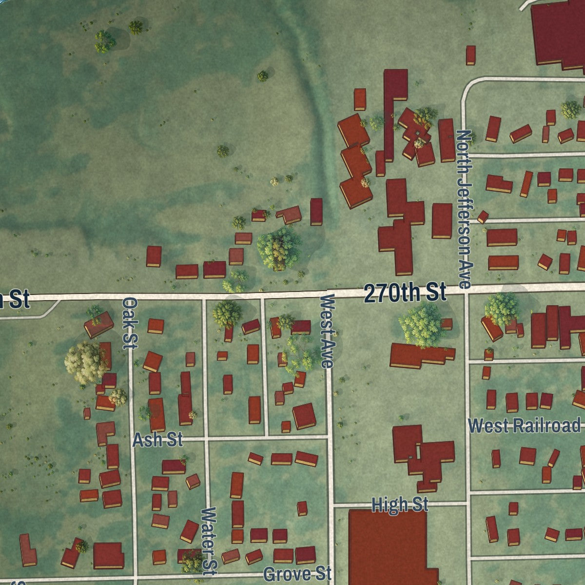 Second close-up of the map of Fredericksburg, Iowa print showing more streets and buildings