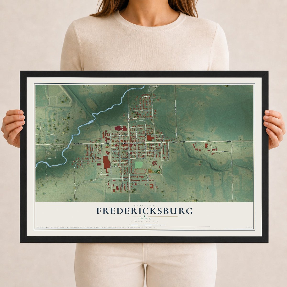 Map of Fredericksburg, Iowa, 12 x 18 inch print in a black wood frame