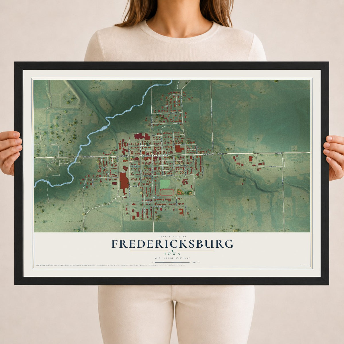 Map of Fredericksburg, Iowa, 18 x 24 inch print in a black wood frame