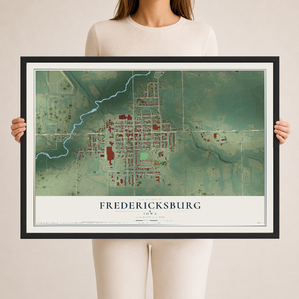 Map of Fredericksburg, Iowa, 24 x 36 inch print in a black wood frame