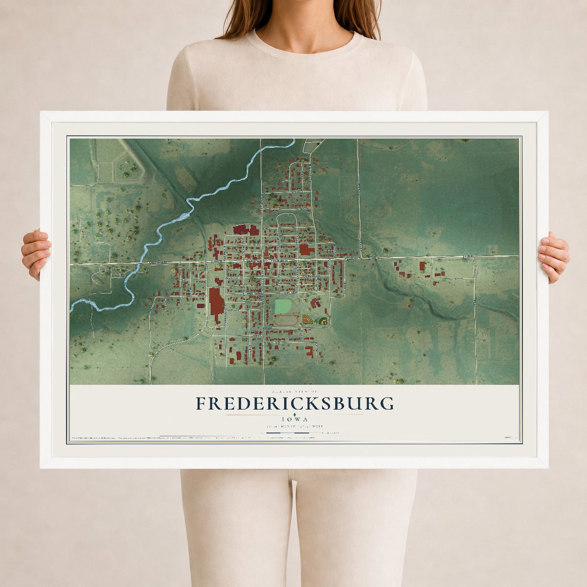 Map of Fredericksburg, Iowa, 24 x 36 inch print in a white wood frame