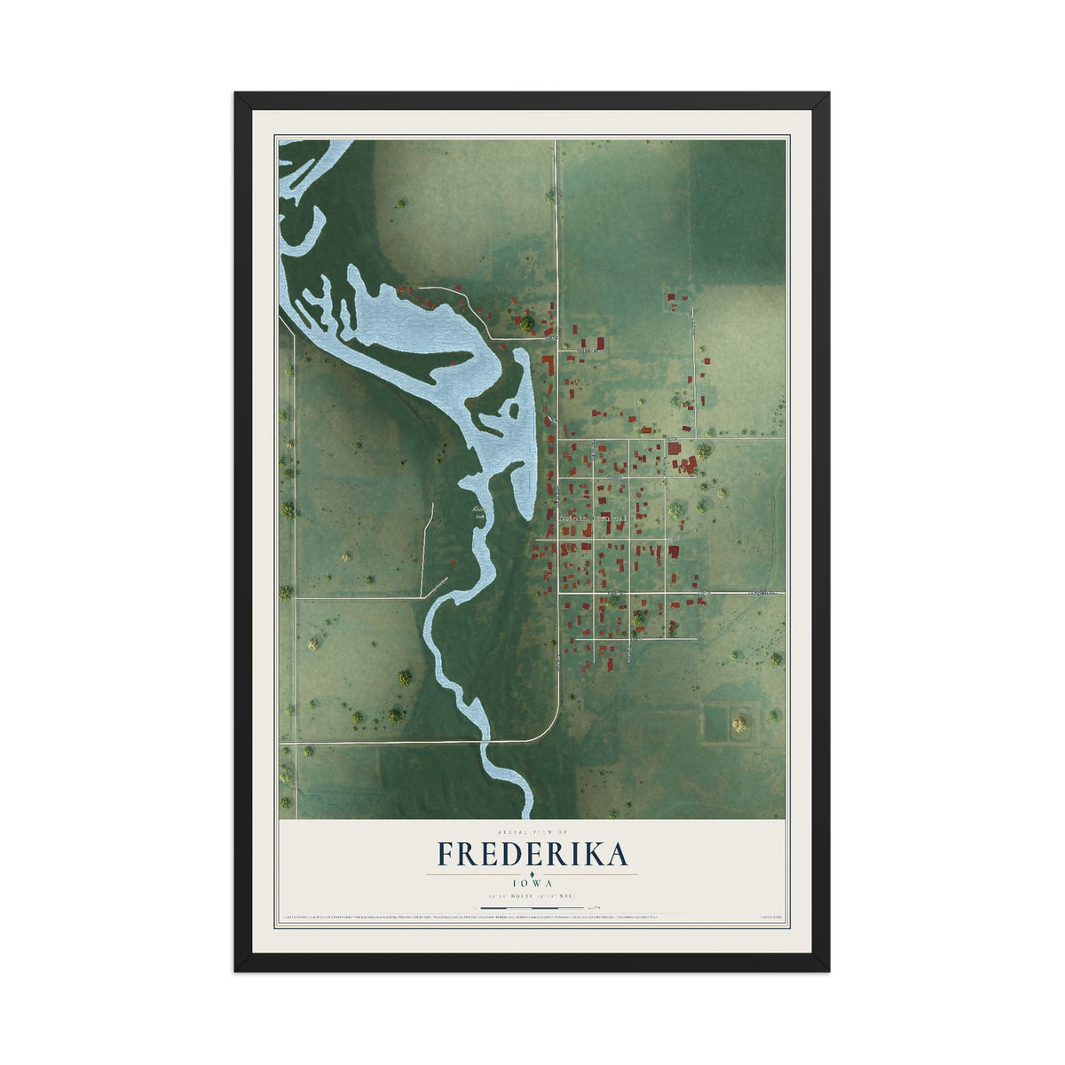 Map of Frederika, Iowa, 12 x 18 inch print in a black wood frame