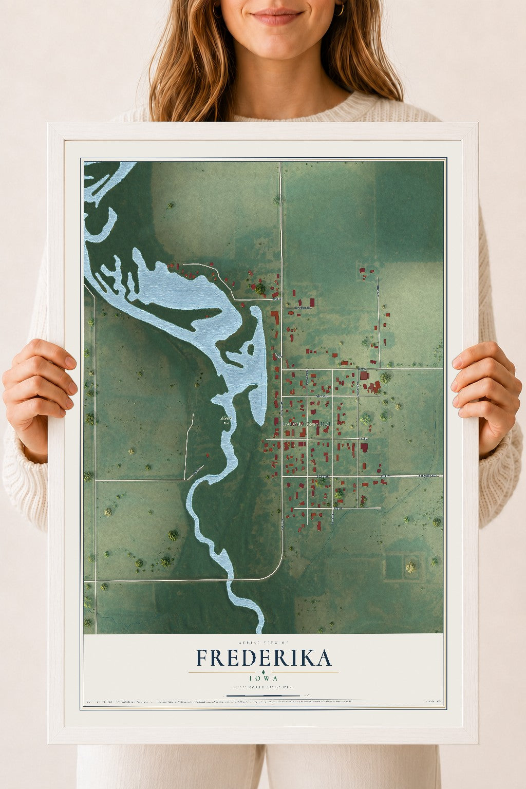 Map of Frederika, Iowa, 18 x 24 inch print in a white wood frame
