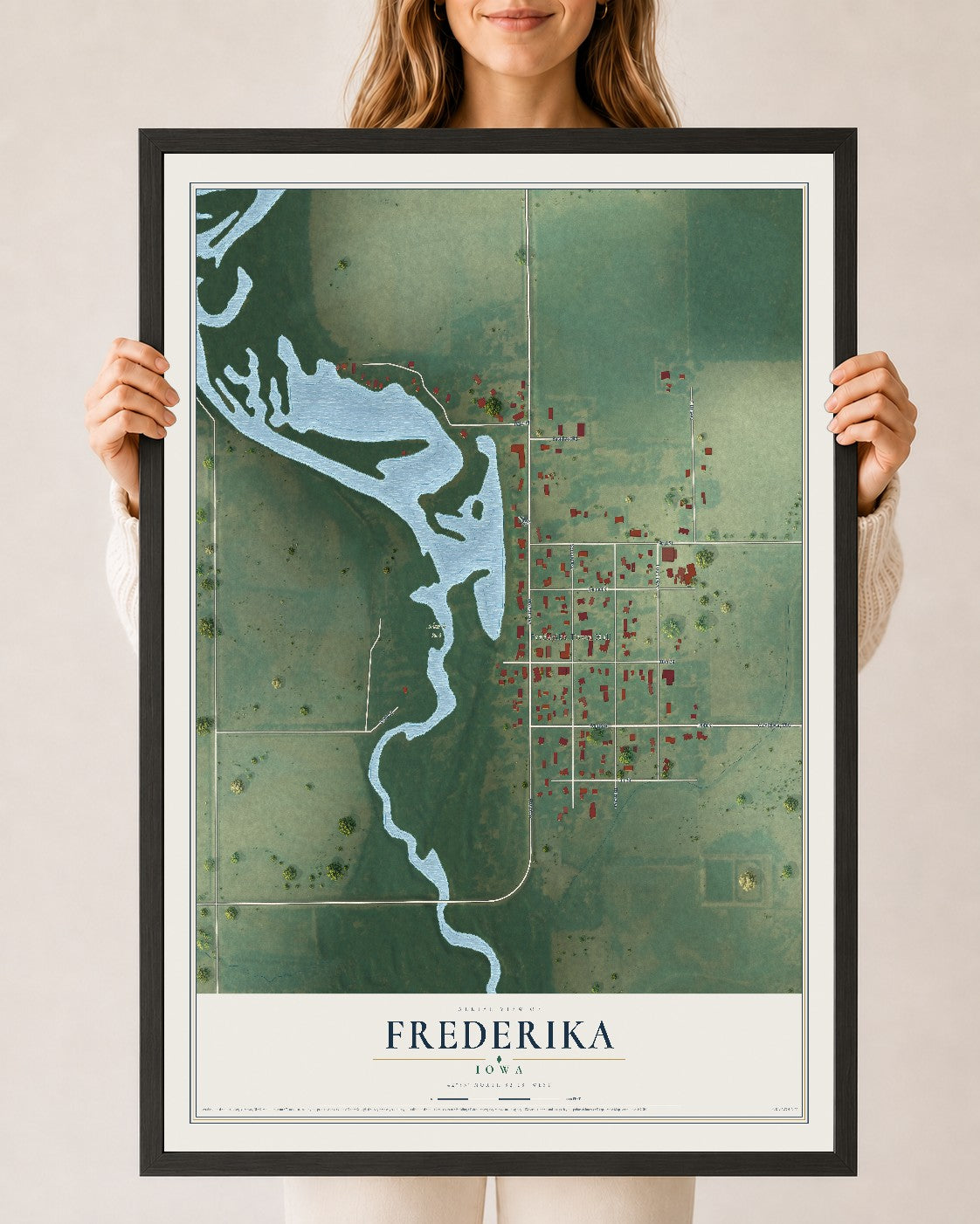 Map of Frederika, Iowa, 24 x 36 inch print in a black wood frame