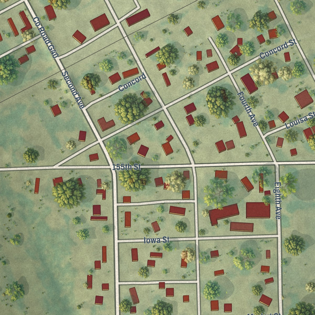 Close-up of the map of Fredonia, Iowa print showing street and building detail