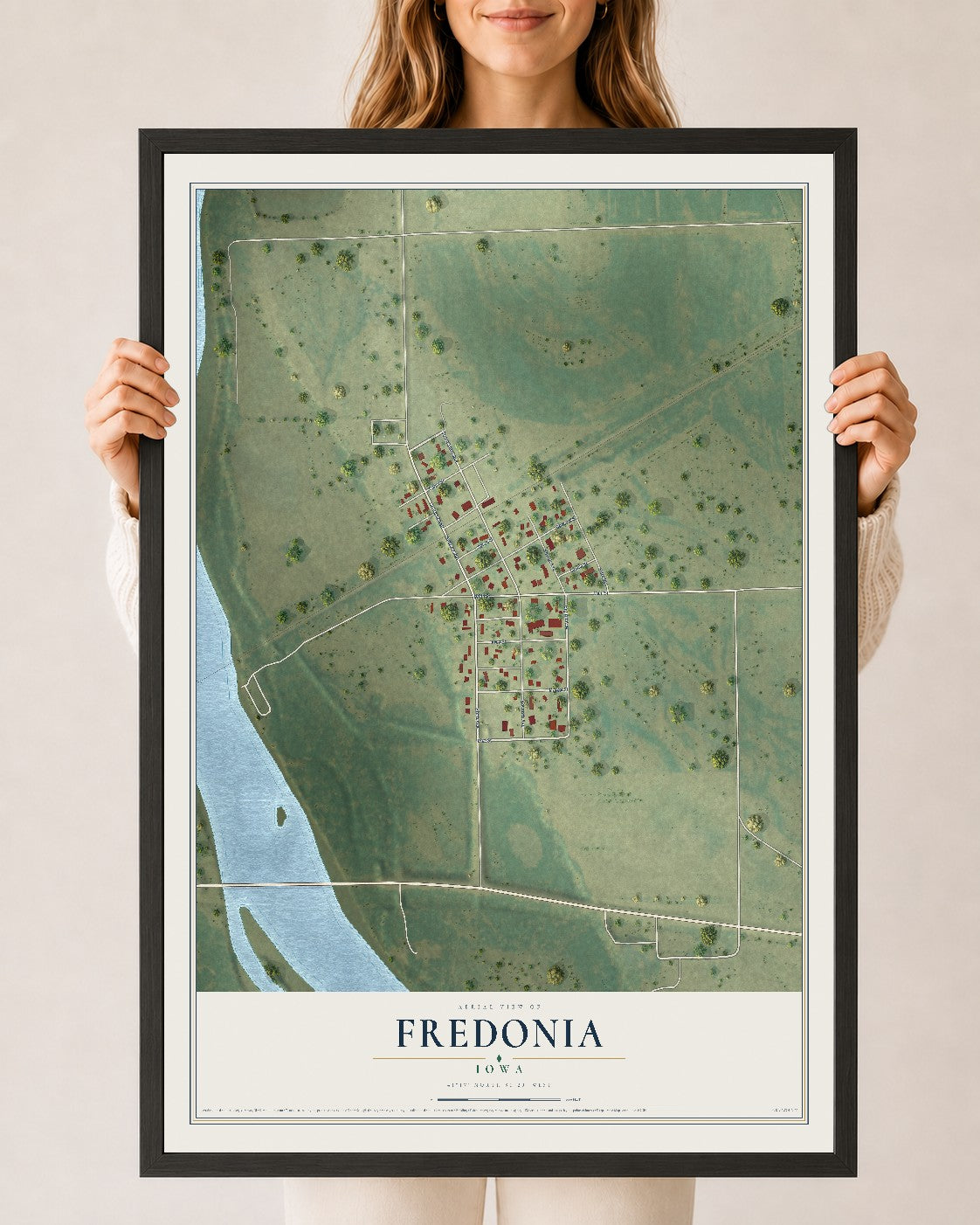 Map of Fredonia, Iowa, 24 x 36 inch print in a black wood frame