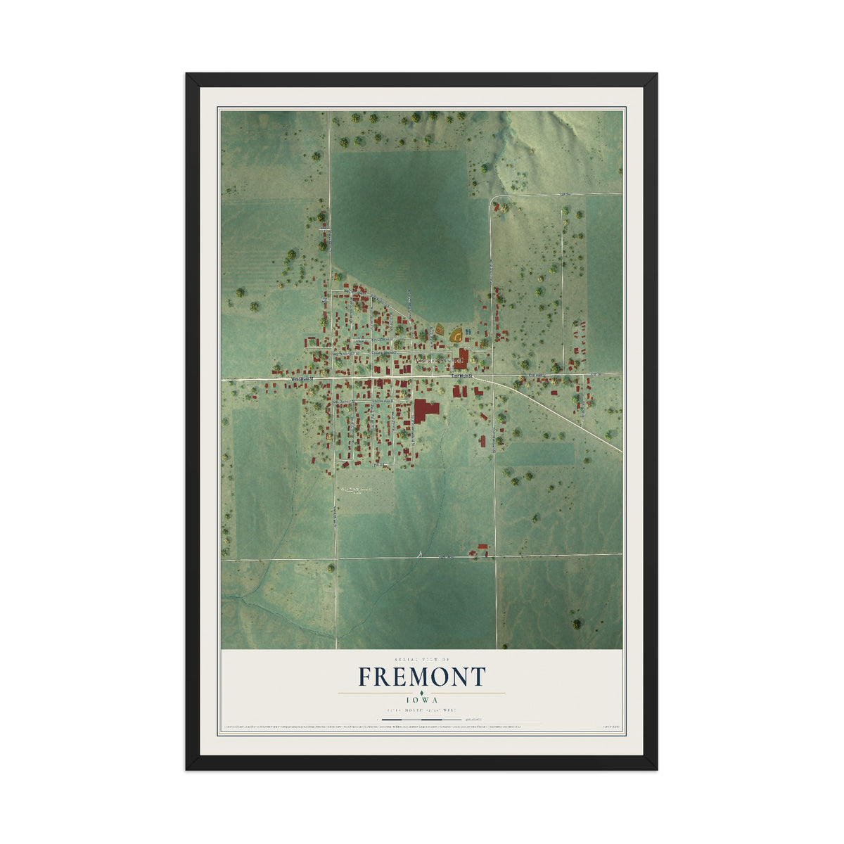 Map of Fremont, Iowa, 12 x 18 inch print in a black wood frame
