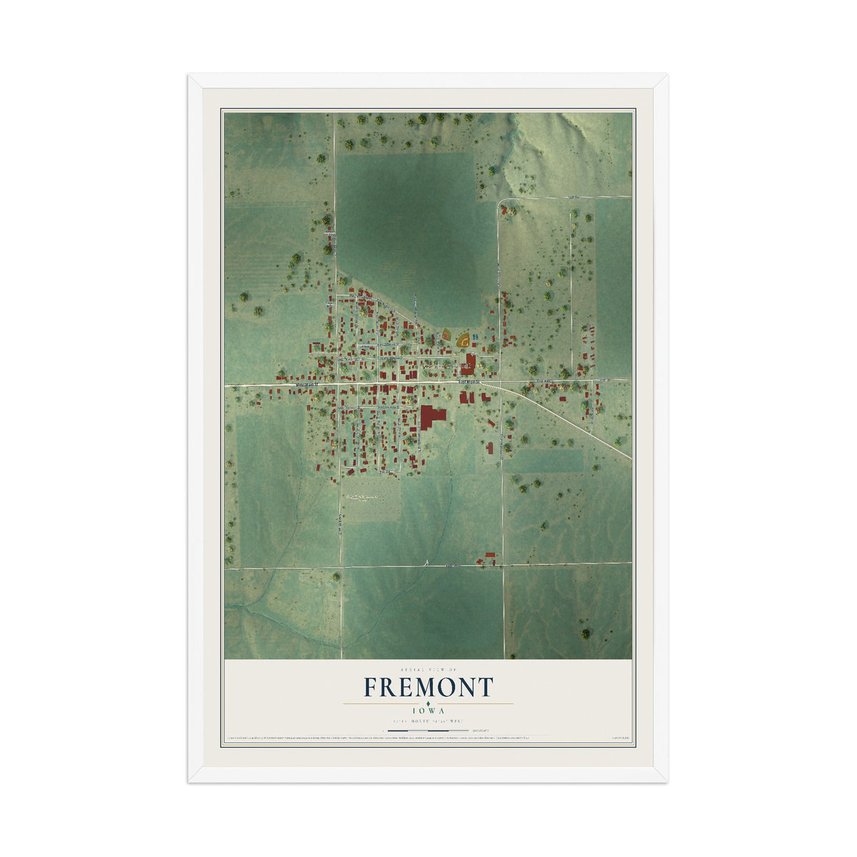 Map of Fremont, Iowa, 12 x 18 inch print in a white wood frame