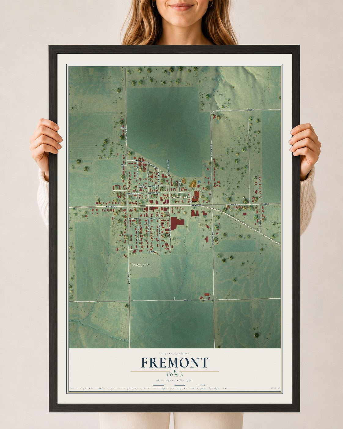 Map of Fremont, Iowa, 24 x 36 inch print in a black wood frame