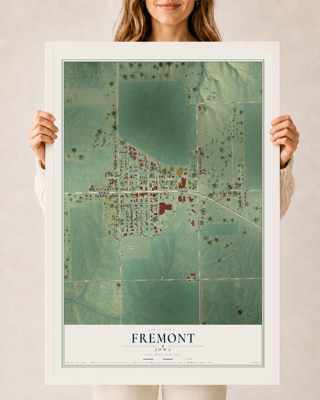 Map of Fremont, Iowa, 24 x 36 inch print in a white wood frame