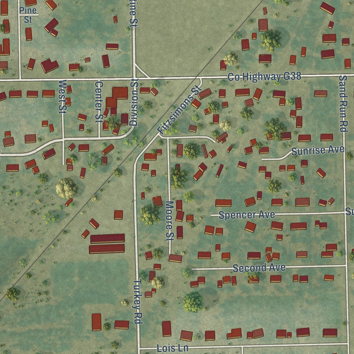 Close-up of the map of Fruitland, Iowa print showing street and building detail