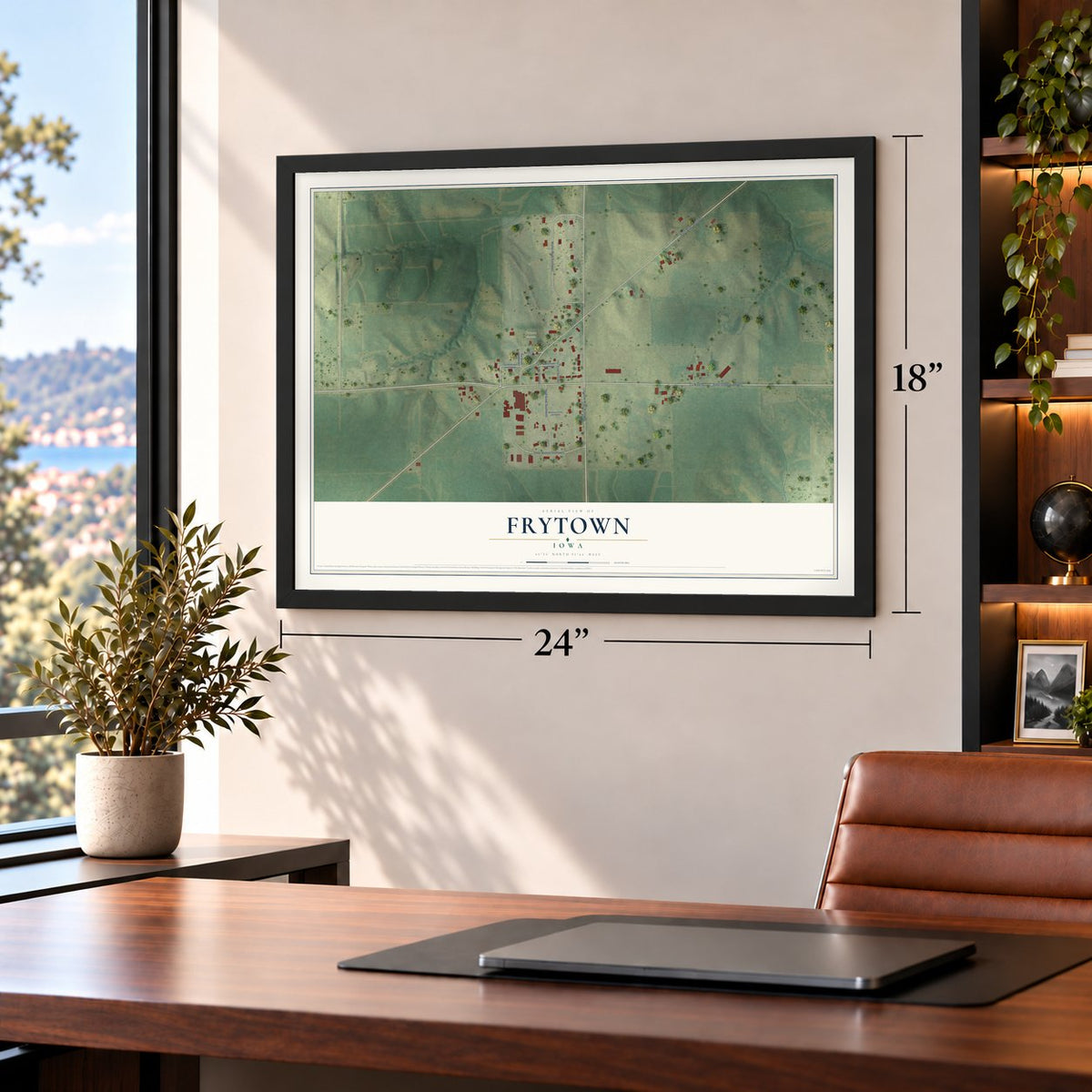Frytown, Iowa map, 18 x 24 inch print in a black frame in a home office