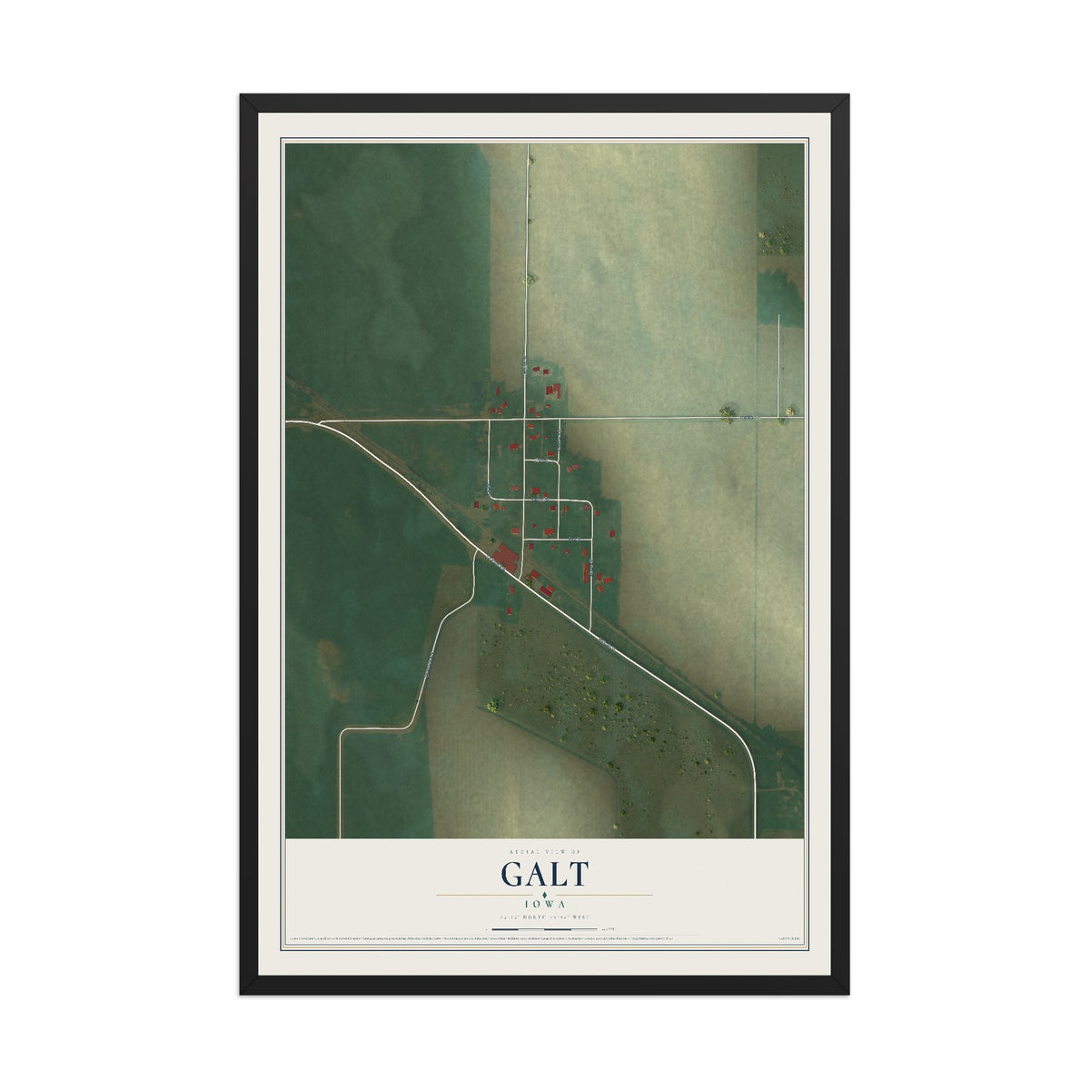 Map of Galt, Iowa, 12 x 18 inch print in a black wood frame