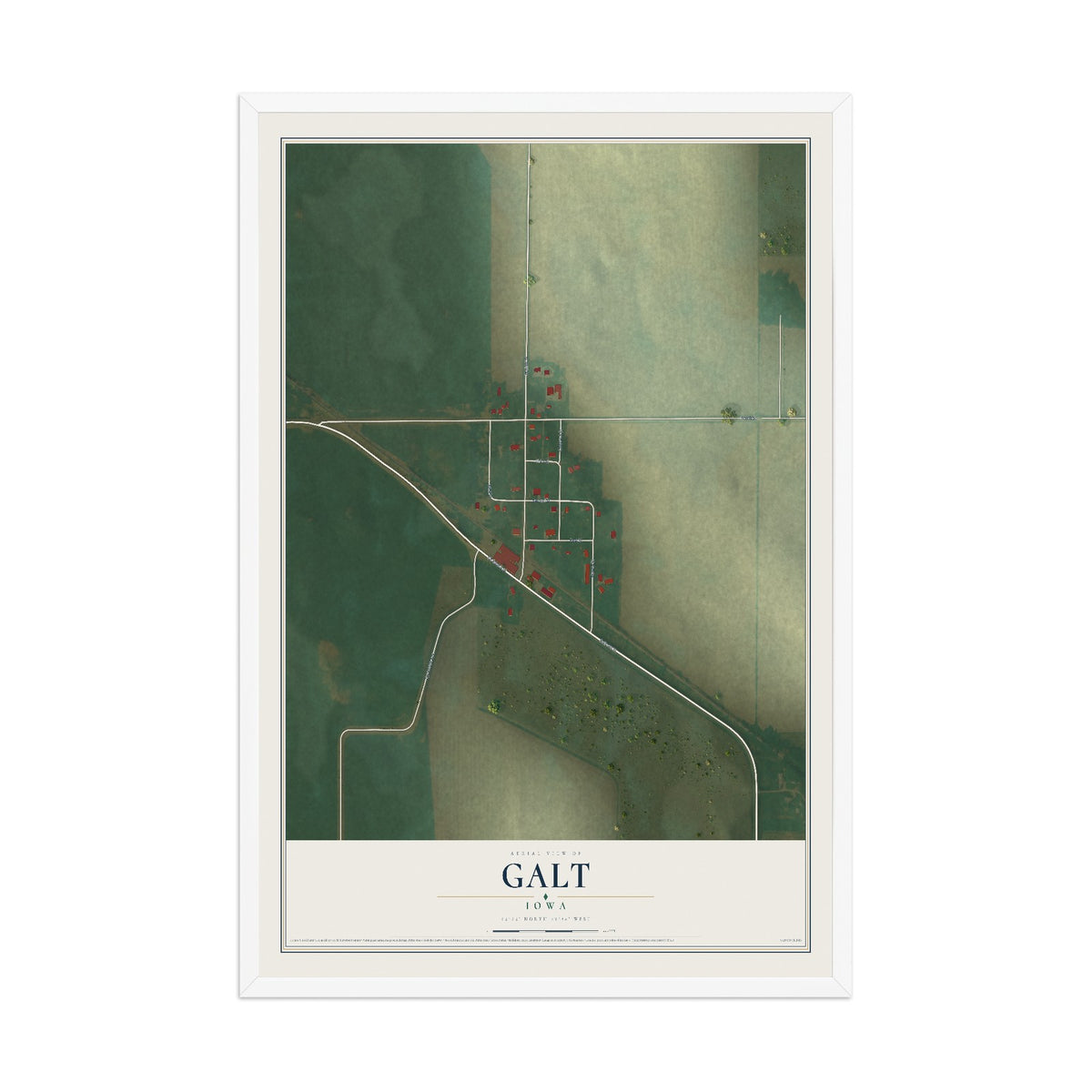 Map of Galt, Iowa, 12 x 18 inch print in a white wood frame