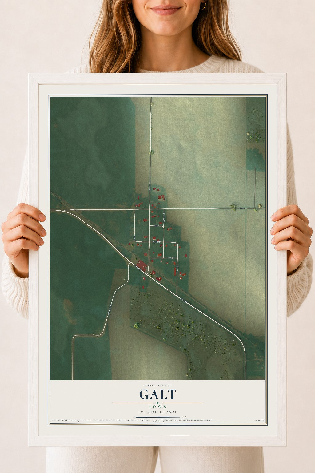 Map of Galt, Iowa, 18 x 24 inch print in a white wood frame