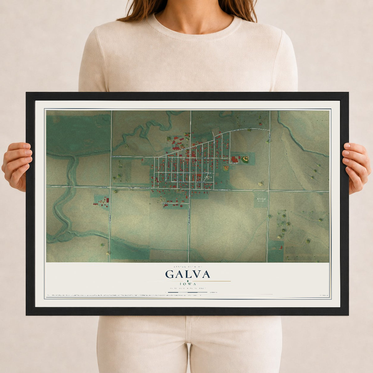 Map of Galva, Iowa, 12 x 18 inch print in a black wood frame