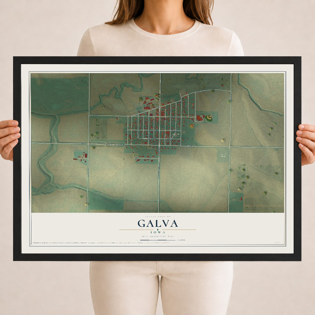 Map of Galva, Iowa, 18 x 24 inch print in a black wood frame