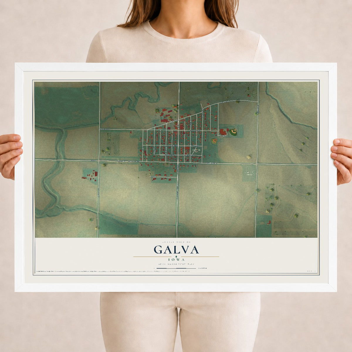 Map of Galva, Iowa, 18 x 24 inch print in a white wood frame