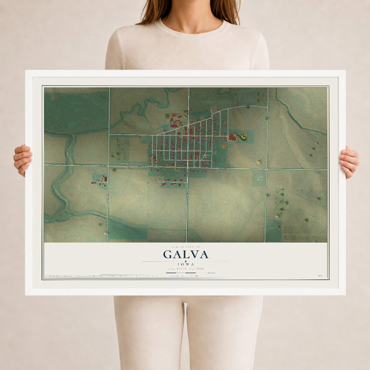 Map of Galva, Iowa, 24 x 36 inch print in a white wood frame