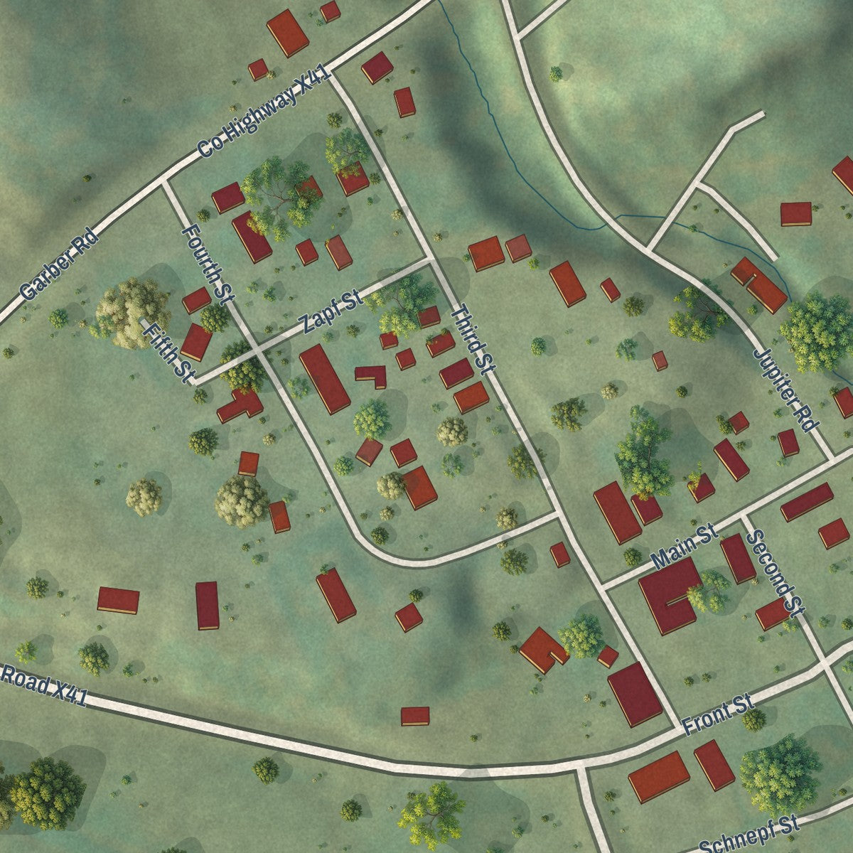 Close-up of the map of Garber, Iowa print showing street and building detail