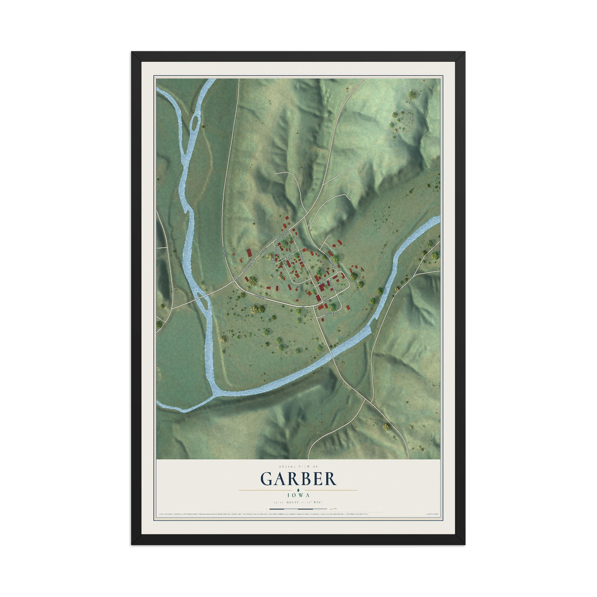 Map of Garber, Iowa, 12 x 18 inch print in a black wood frame