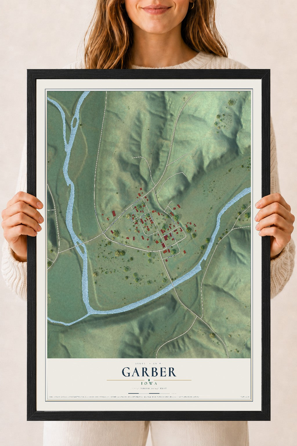 Map of Garber, Iowa, 18 x 24 inch print in a black wood frame