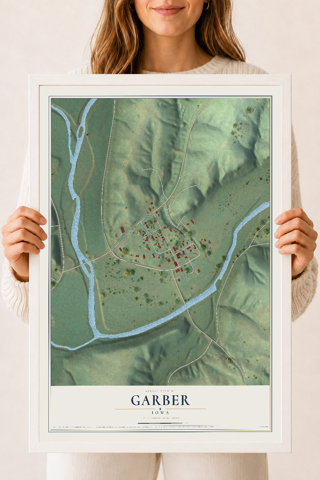 Map of Garber, Iowa, 18 x 24 inch print in a white wood frame