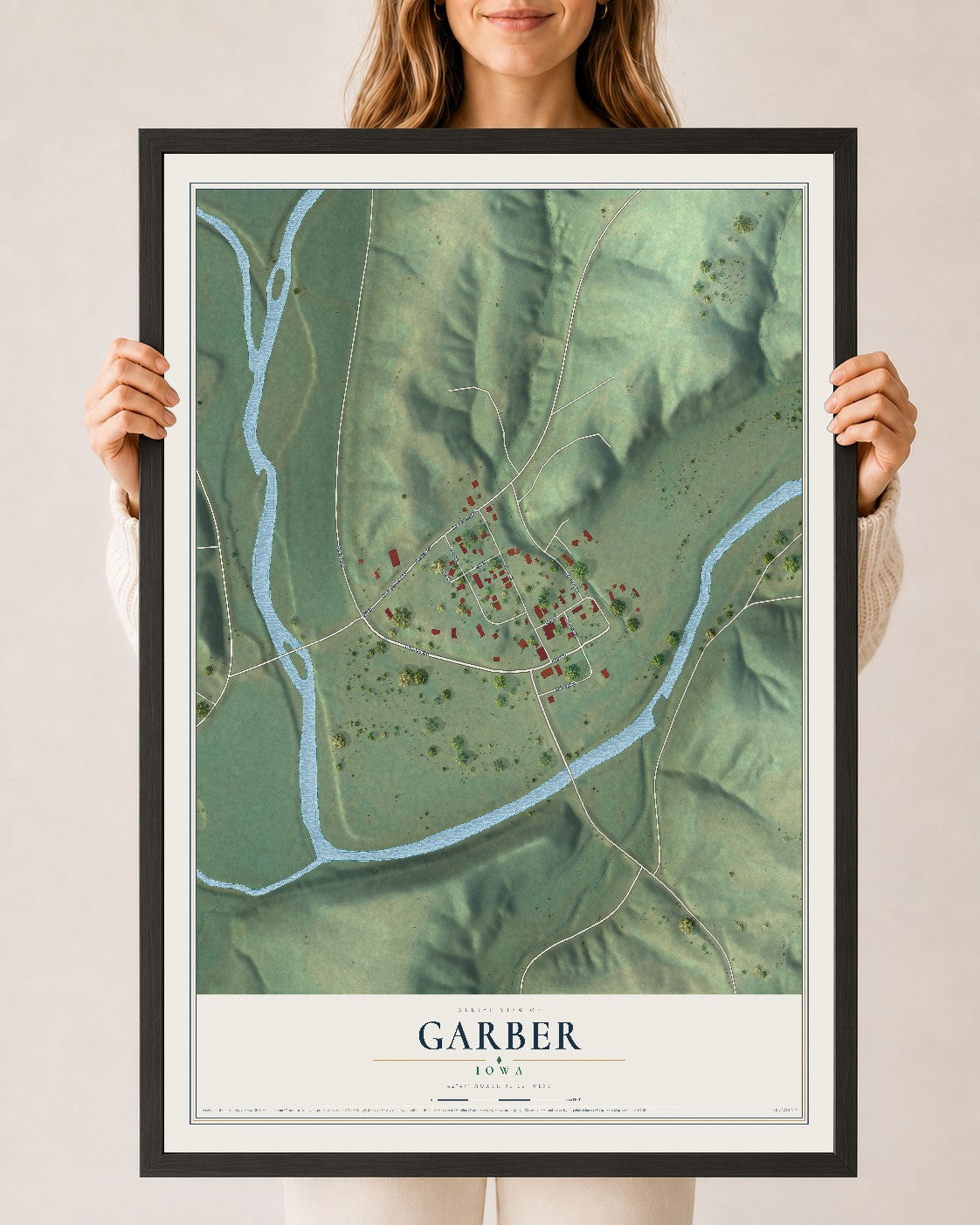 Map of Garber, Iowa, 24 x 36 inch print in a black wood frame